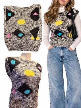 Vintage 80s Side by Side Hand Knit Geometric Sweater Vest L